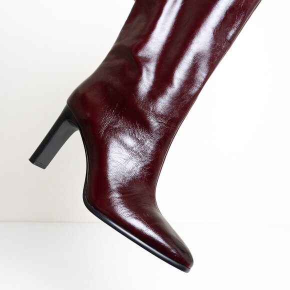 Zara Leather Boots Burgundy Wide Heel Tall Classy EU 42 - Picture 9 of 16